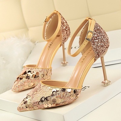 923-15 han edition sexy show thin hollow out shoes high heel with shallow mouth pointed hollow sequins one word with san