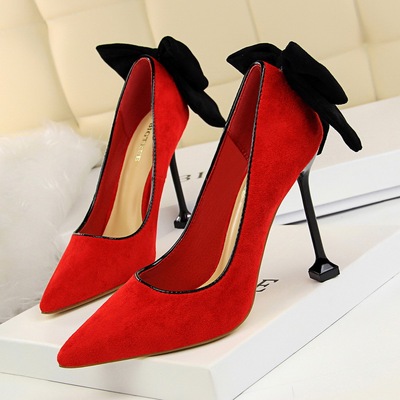 17175-2 han edition sexy show thin thin high heels for women’s shoes with high heels suede shallow mouth pointed bow sin