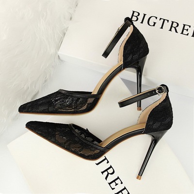 283-8 European and American wind sexy high-heeled shoes high heel with shallow pointed mouth mesh lace hollow out on