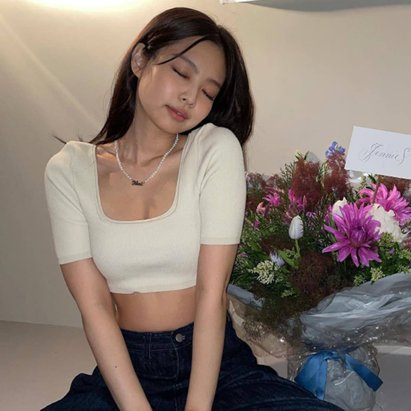 jennie金智妮同款修身u形领短袖针织衫t恤女露脐短款性感上衣夏季