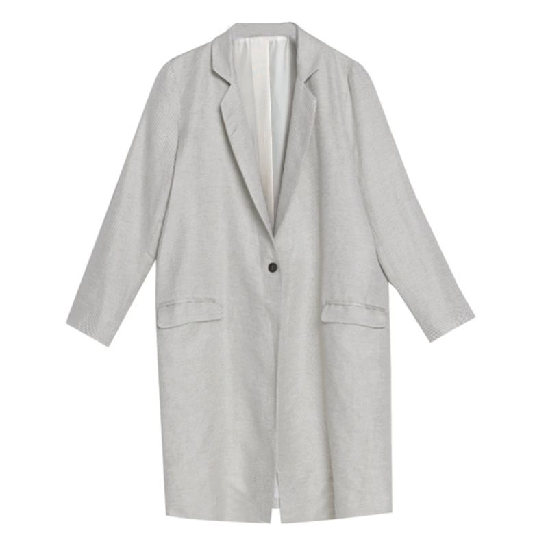 Fei Fei 2021 phong cách mùa xuân và mùa thu Phiên bản Hàn Quốc của vải cotton và vải lanh văn học phù hợp với phụ nữ độ dài trung bình cổ áo vải lanh chín điểm tay áo khoác trench coat - Trench Coat