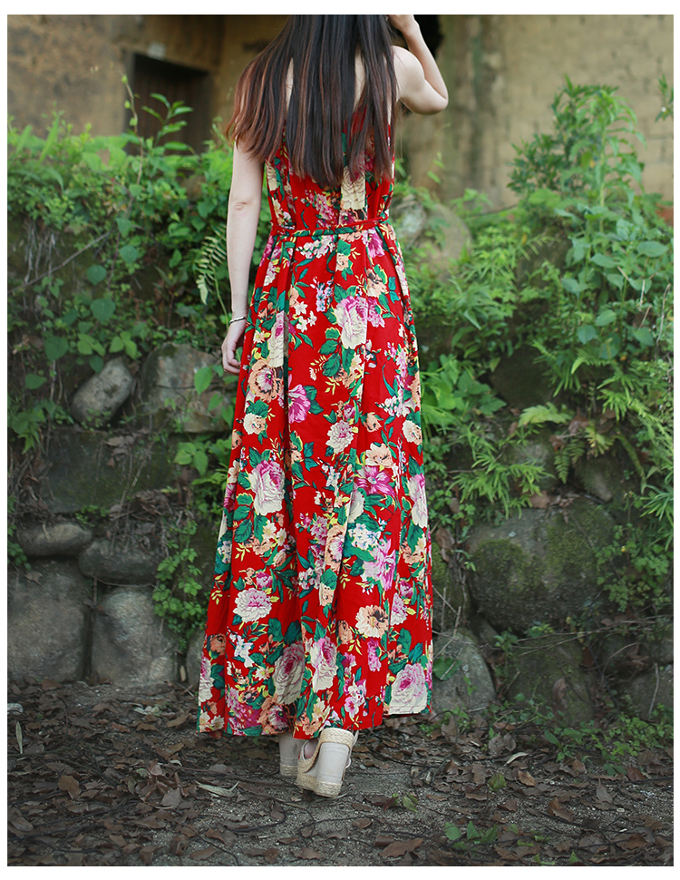 民族风连衣裙女夏2017红色复古一字肩吊带裙