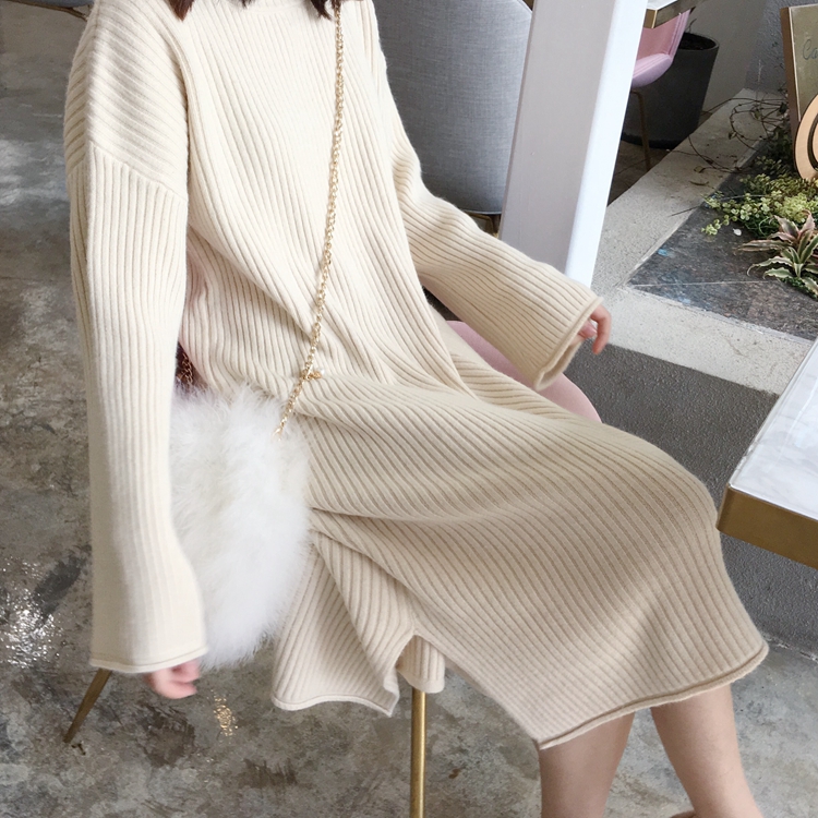 NIHUT 下摆开叉针织连衣裙毛衣女秋冬中长款