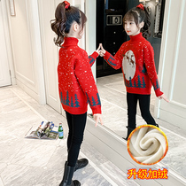 Girls Christmas turtleneck sweater autumn and winter wear 2021 new childrens foreign style plus velvet thick pullover bottoming shirt Korean version