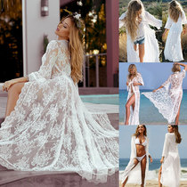 Sexy lace mid-length cardigan swimsuit Bikini blouse sunscreen clothes womens hot spring seaside holiday beach jacket