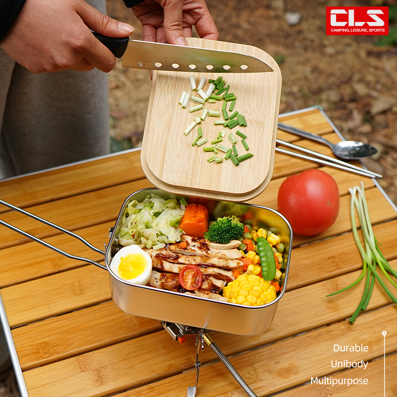 Japanese style 304 stainless steel portable camping multifunctional Bento box Travel picnic lunch box Bamboo and wood cutting board lid