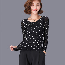 Vintage Polka dot Latin Square dance top Womens long-sleeved mesh modern ballroom dance dress dance practice clothing for adults