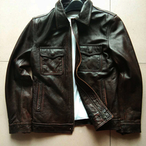 New first layer cowhide leather leather jacket mens short slim jacket lapel large size mens denim pure leather jacket