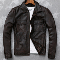 The first layer of cowhide retro old leather leather clothing mens short slim motorcycle jacket large lapel mens special offer