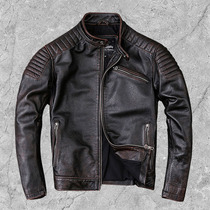 The first layer of cowhide leather leather clothing mens retro old stand-up collar motorcycle clothing pure leather jacket thick mens single clothing