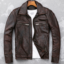 Leather leather mens first layer cowhide heavy industry old motorcycle jacket Retro red brown plus size mens lapel jacket single