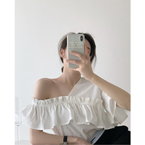 One-word shoulder retro plaid short sleeve shirt retro port taste heart machine two wear stitching off-shoulder lotus leaf sleeve slim top