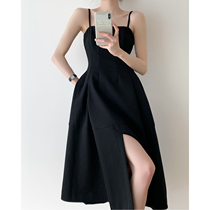 Black vintage Hepburn wind split sling small black dress female high sense French design sense niche high waist dress