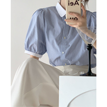 Blue short sleeve striped shirt female summer design sense niche bubble sleeve chic top French temperament shirt thin
