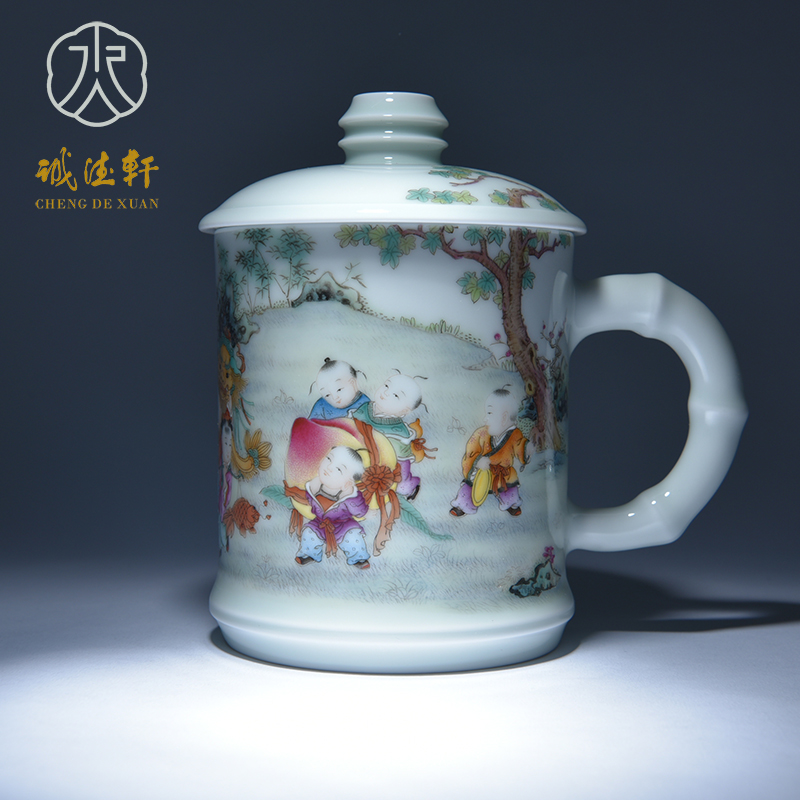 Cheng DE hin kung fu tea set, jingdezhen ceramic powder enamel hand - made big auspicious Thai office cup 12 cups career