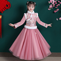 New Years clothing girls Hanfu autumn and winter clothing childrens cheongsam winter Tang dress plus velvet thickened New Years cotton-padded jacket