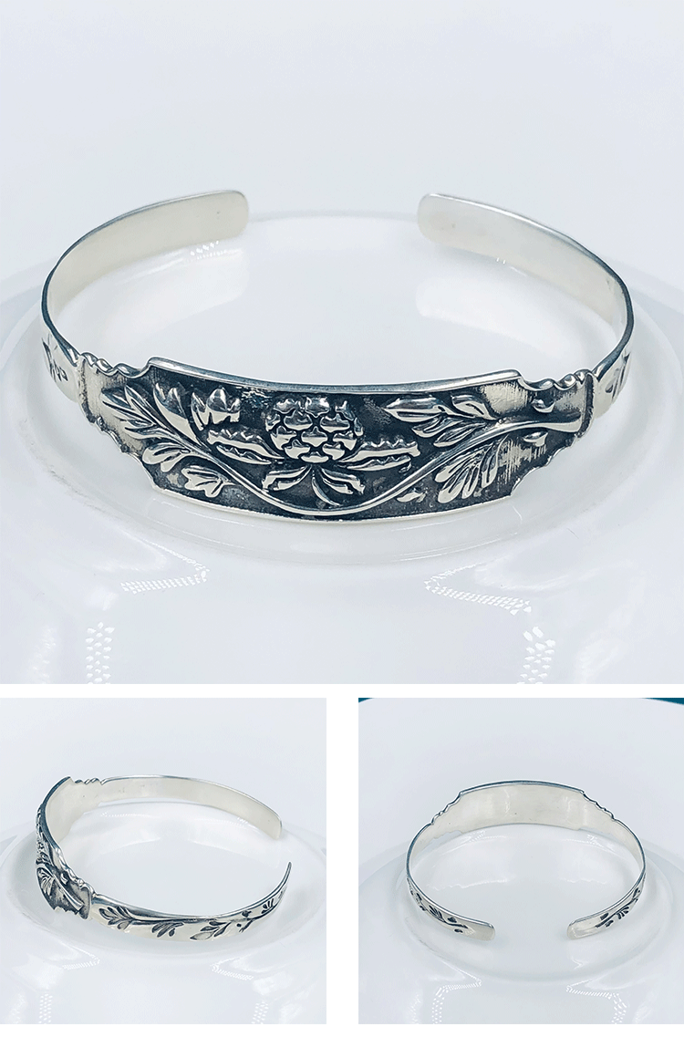 纯925银花朵花纹花瓣泰银手镯花朵图案民族风小清新银饰女银手镯