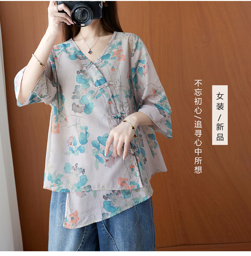 夏新款中式苎麻v领五分袖复古宽松高端小衫文艺棉麻女装衬衫上衣