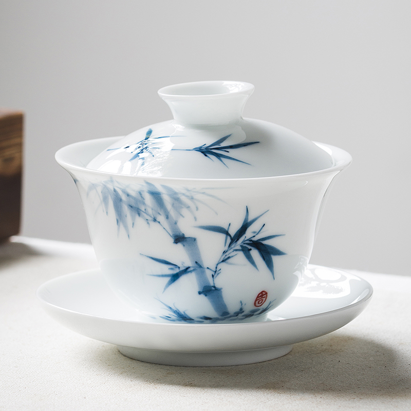 Jingdezhen ceramic hand - made only three tureen tea cups with cover plate white porcelain blue and white porcelain cup female ins contracted the cups