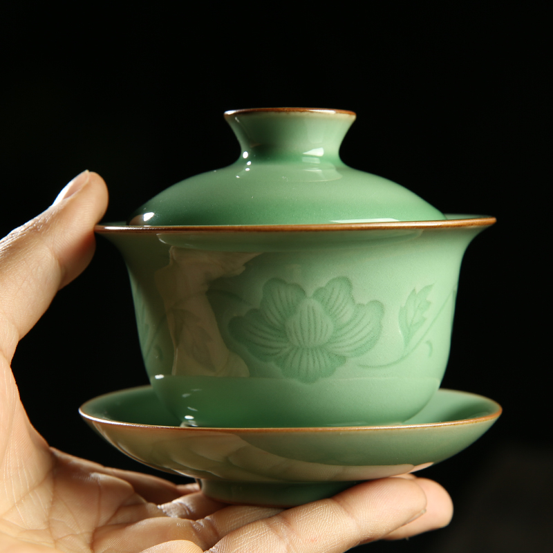 Poly real scene celadon kung fu tea cup wang wen cinnabar tire tureen ceramic bowl tea sample tea cup brother up by hand