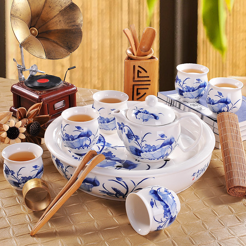 Poly real (blue and white porcelain tea set scene suit household circular contracted jingdezhen ceramic cup teapot a complete set of kung fu