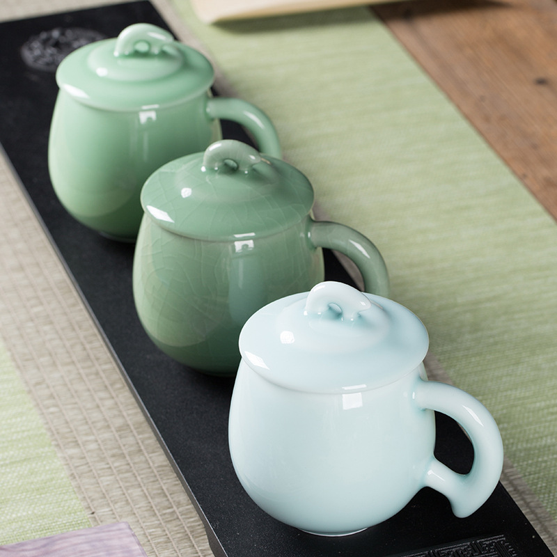 Longquan celadon office make tea cup ceramic keller cup with cover special personal business gift giving water in a cup