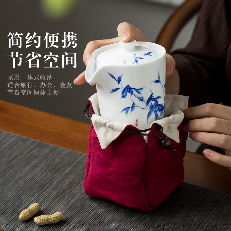 Poly real (portable travel scene jingdezhen hand - made kung fu tea set ceramic small suit a pot of blue and white porcelain is two cups