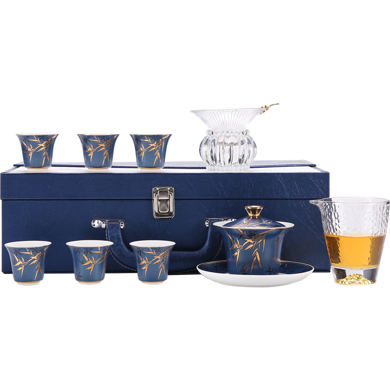 The Poly real scene suet jade porcelain kung fu tea set household custom LOGO dehua white porcelain cups blue bamboo tureen