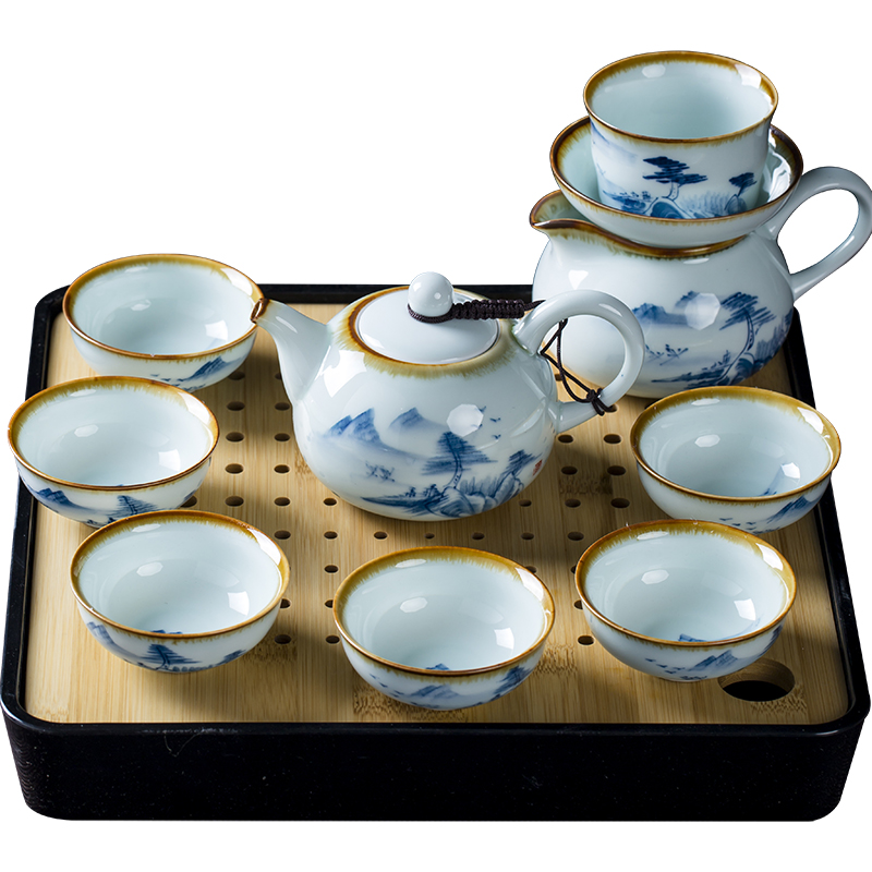 Jingdezhen hand - made of high - end kung fu tea set home sitting room is a small set of blue and white porcelain cup tea tray tea kettle