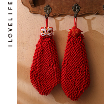 Chenille towel hanging cute wedding handball red festive cartoon kitchen bathroom lion handkerchief