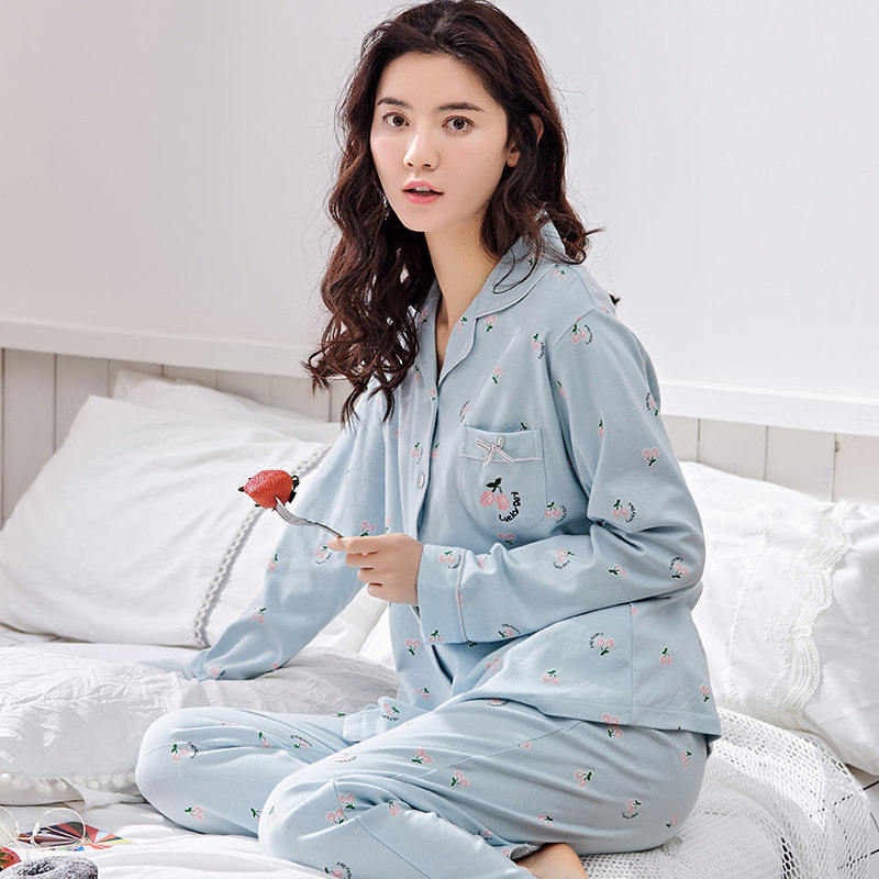 睡衣女春秋纯棉长袖加大码可爱开衫薄款女士全棉月子家居服套装冬_7折