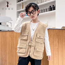 Boys khaki tooling vest spring and autumn cotton top for childrens multi-pocket vest wear BKQ007