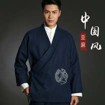 Chinese style Jushiqian mens flax improvement Hanfu retro style long sleeve mens autumn Chinese cotton and linen cardigan
