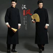 Original Republic of China kaftan large size mens Tang suit linen Hanfu Chinese robe plate buckle partial lapel literary coat with pants
