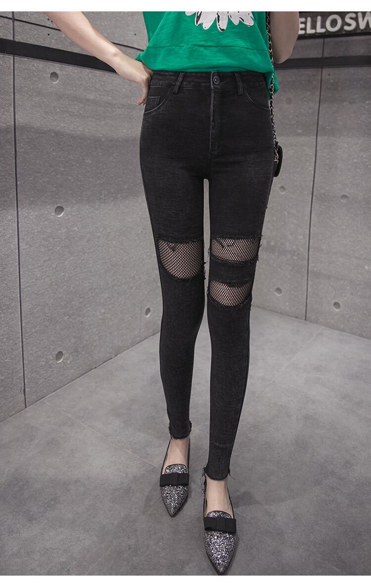 实拍?新款潮韩版黑色紧身显瘦渔网拼接微透铅笔裤破洞裤子女 黑色 2xl