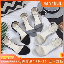 2021 summer new Korean version of thick heel with a word buckle open toe high heel sandals Joker small size Roman middle heel womens shoes