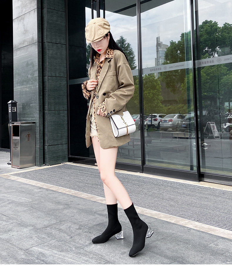 网红瘦瘦靴水晶跟小方头短靴粗跟弹力袜靴女中跟小腿靴百搭袜子靴