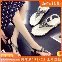 Bohemia flat-bottomed student beach sandals women 2021 summer clip beads rhinestone Roman shoes flat heel womens shoes