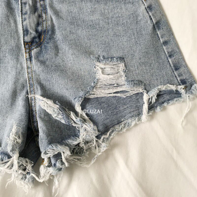 毛边牛仔短裤_@小性感高腰破烂毛边牛仔短裤女显瘦百搭乞丐热
