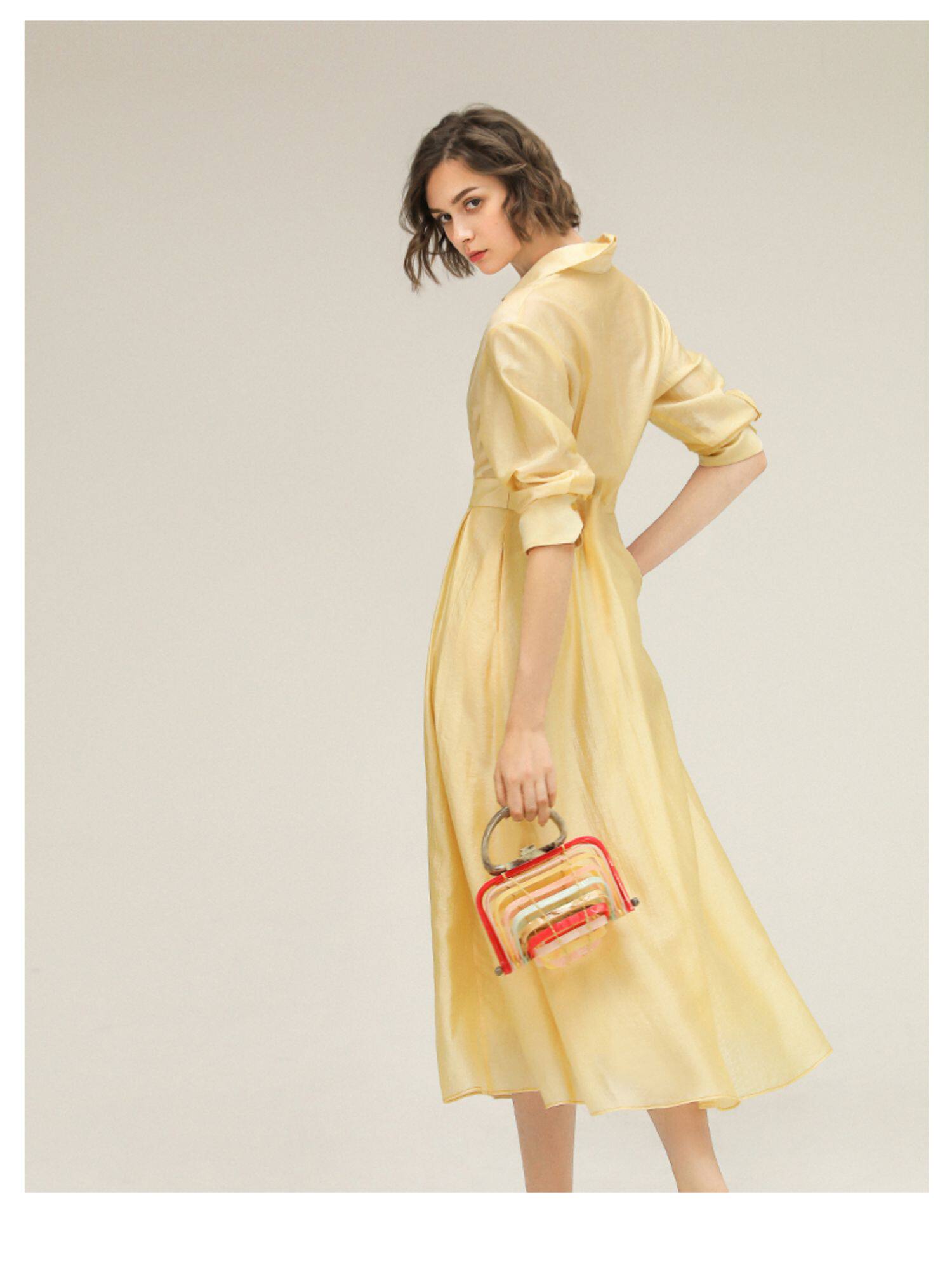 cocobella淡雅月光黄天丝连衣裙女夏优雅知性衬衫裙ds1163_爱你折