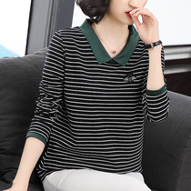 Long sleeve t-shirt female pure cotton striped POLO collar 2022 Spring and autumn new loose beating undershirt middle-aged mom loaded blouse