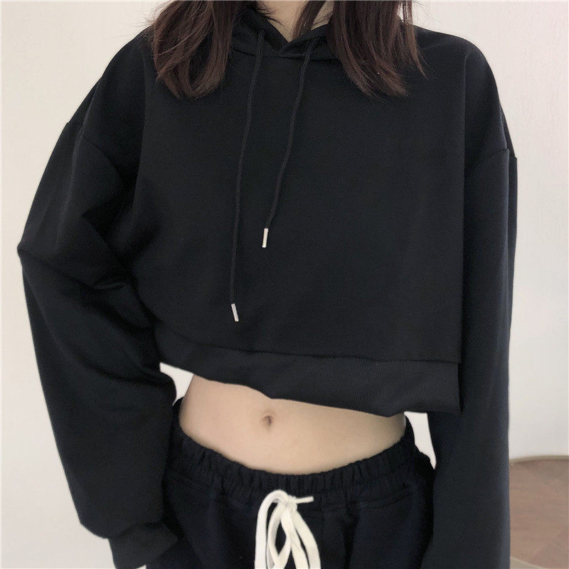 实拍螺纹拼接jazz短款露腰宽松街舞连帽卫衣女