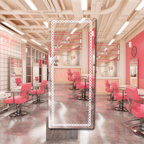 Hair salon aluminum alloy LED light mirror HD intelligent touch luminous mirror table can be customized LOGO beauty barber mirror table