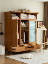 Guli furniture Nordic household bedroom wardrobe custom glass sliding door solid wood cherry wood coat cabinet