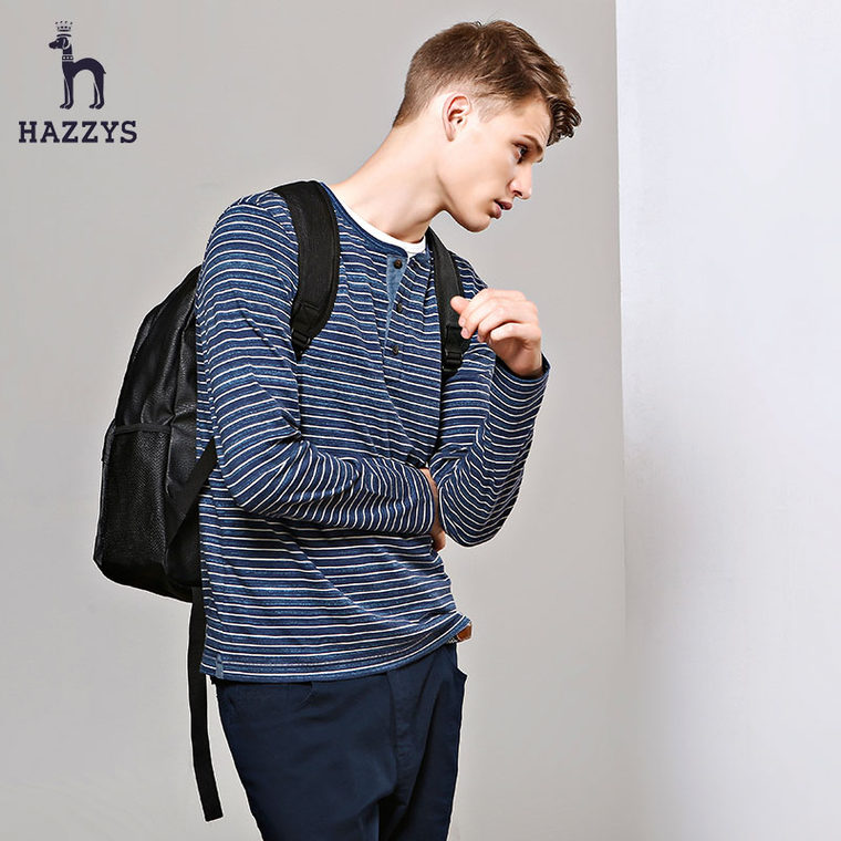 Hazzys哈吉斯2015秋季男士纯棉条纹修身时尚韩版长袖T恤衫