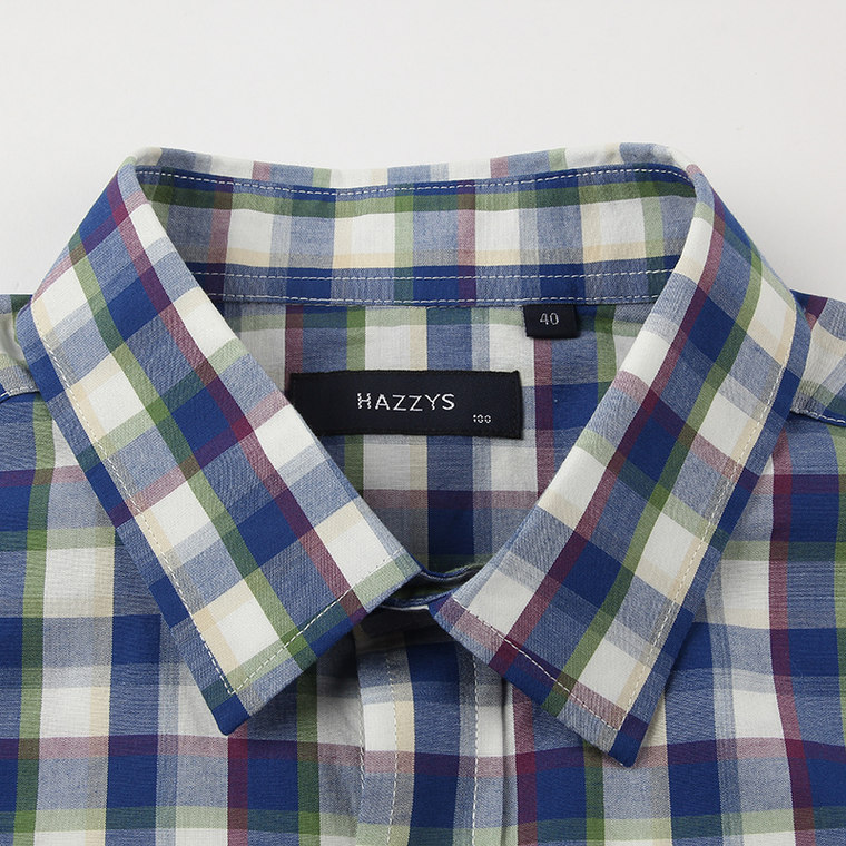 Hazzys哈吉斯男装2015夏新款格子短袖衬衫 英伦修身尖领格纹短衬