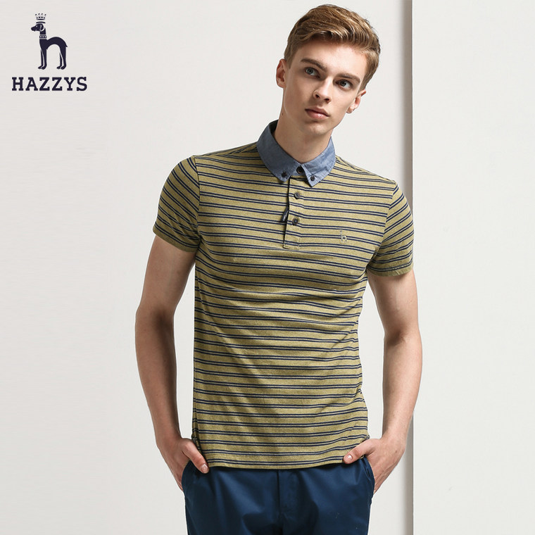 Hazzys哈吉斯2015夏季韩版短袖T恤男青年修身纯棉新款条纹男装