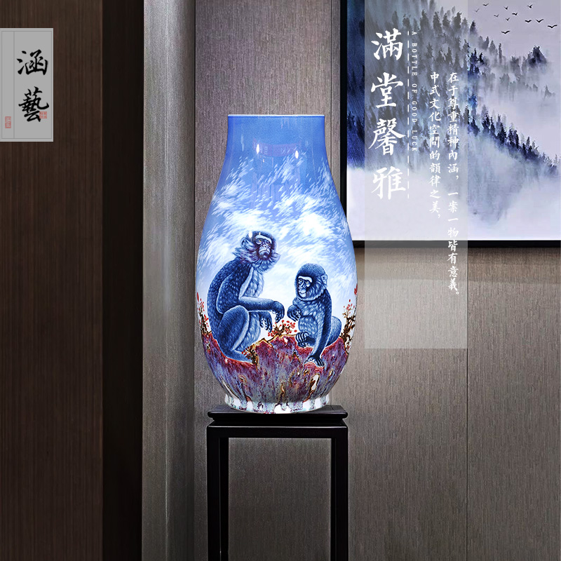 Jingdezhen ceramics hand - made seal hou figure ground of blue and white porcelain vase of new Chinese style living room home furnishing articles of handicraft