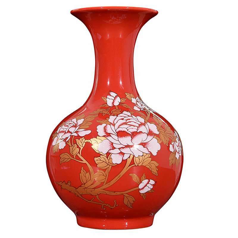 Jingdezhen ceramics wedding gifts red vase peony festival Chinese flower arranging household handicraft furnishing articles sitting room