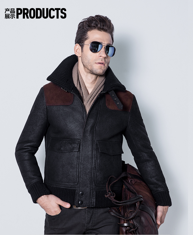 hanmiis空军飞行服 b3皮毛一体皮草男绵羊皮夹克外套机车真皮皮衣